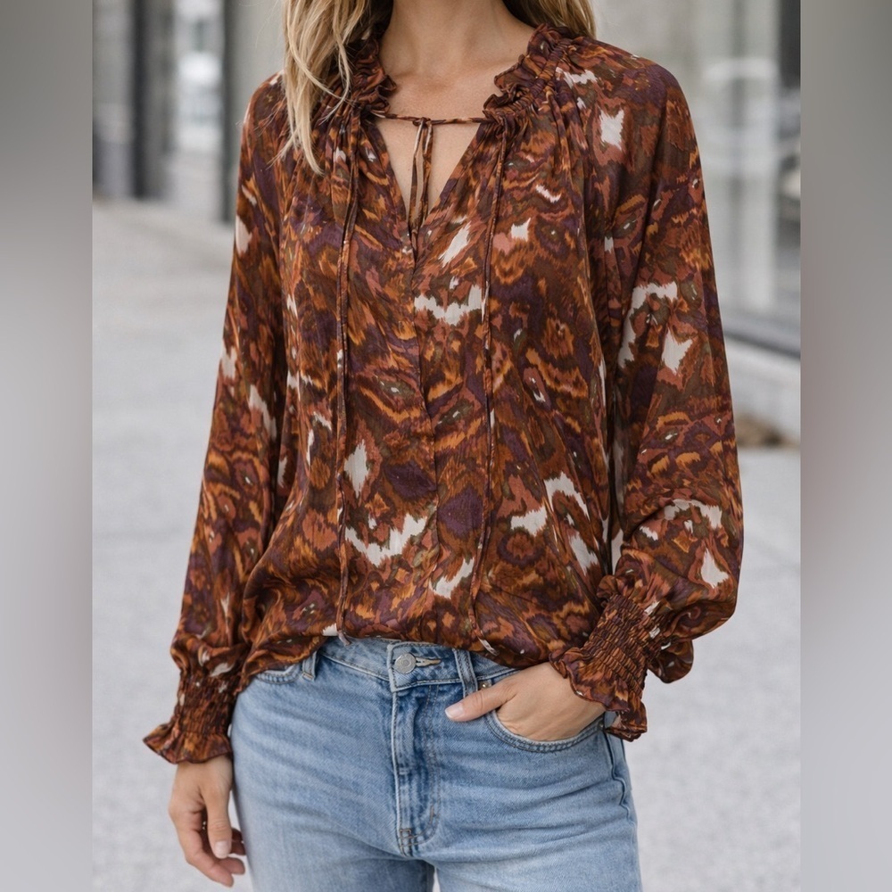 Pinch Autumn Ikat Peasant Blouse Boho Tie Neck Smocked Sleeve Small